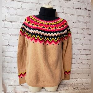 Lands" End Fair Isle Turtleneck Sweater M Multicolor Tan Pink Preppy